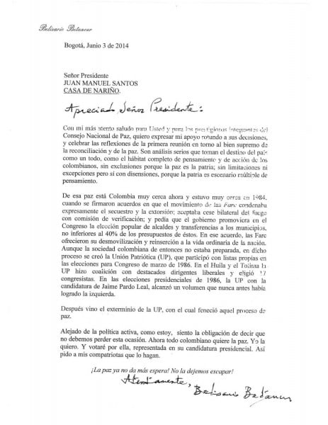 carta-belisario - Expresidente Conservador Belisario Betancur anuncia respaldo a Santos