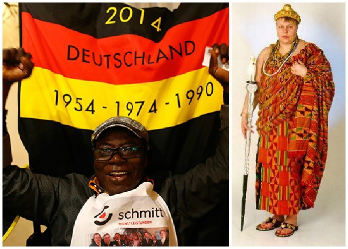 Celebró el cuarto triunfo de Alemania en el mundial el año pasado. A la derecha, su esposa quien es reina en Ghana. - El mecánico africano que gobierna un reino vía Skype