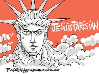 David Fitzsimmons, diseñador americano, vincula a la estatua de la Libertad - #JeSuisParis, las caricaturas