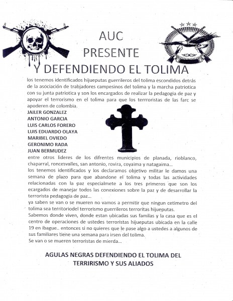  - Paramilitares amenazan miembros de Marcha Patriótica en el Tolima