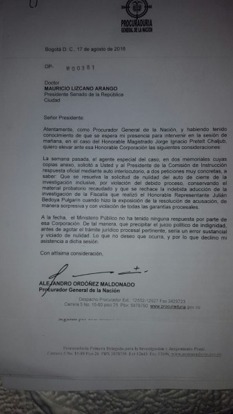 procurador pretelt - Los últimos cartuchos de Jorge Pretelt para defenderse en el Senado