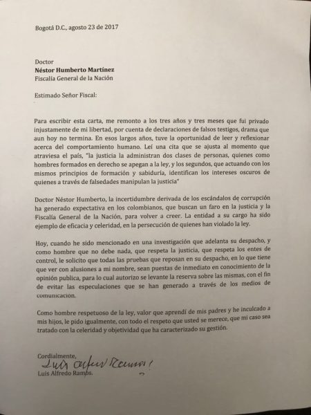  - La carta que le envió Luis Alfredo Ramos, defendido por Gustavo Moreno, al Fiscal Martínez