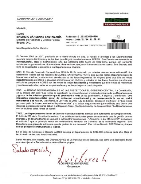  - El gobernador Luis Pérez frentea al Ministro Mauricio Cárdenas