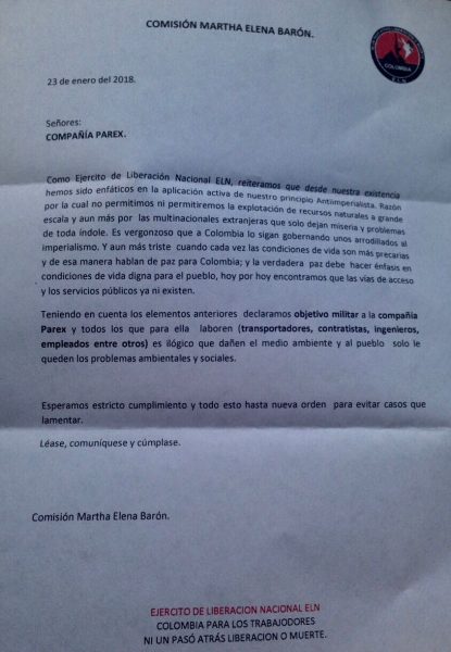  - Vuelven las amenazas del ELN a las petroleras extranjeras