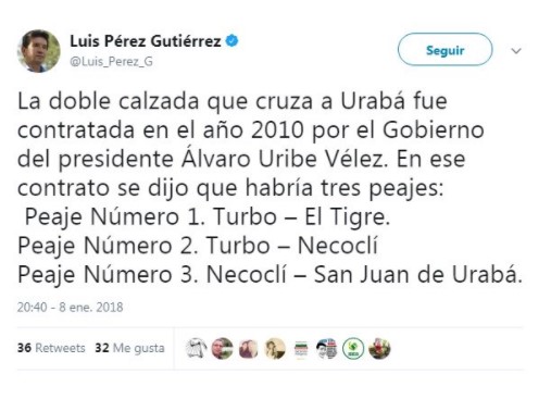  - Uribe no se cansa de ser cínico: critica los peajes de Urabá cuando él fue el que los puso