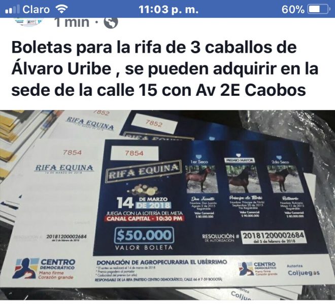  - Álvaro Uribe regala 3 caballos de 0 millones para rifar