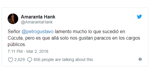  - Amaranta Hank llama paracos a los dirigentes de Cúcuta y defiende a Petro