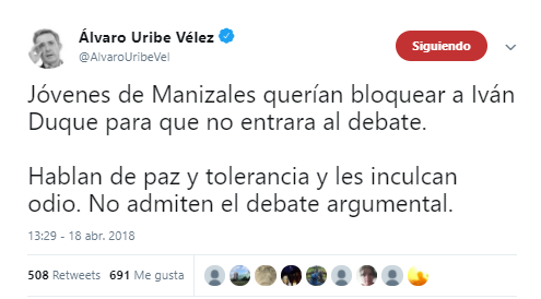  - “Jóvenes de Manizales querían bloquear el ingreso de Duque al Debate” Álvaro Uribe