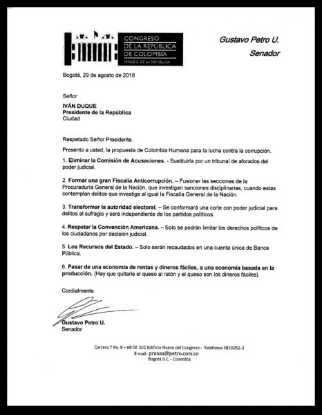  - La carta que le entregó Petro al Presidente antes de la reunión