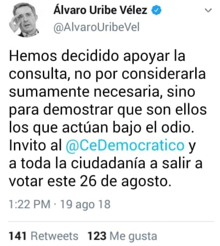  - El pantallazo del trino de Uribe