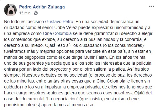  - “Señor Gustavo Petro a Cine Colombia se le debe respetar su derecho a la cobardía”