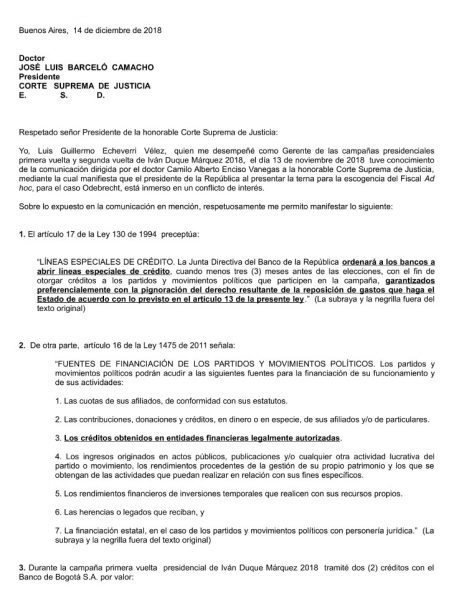 La Carta De Luigi Echeverri Al Presidente De La Corte Suprema Sobre El