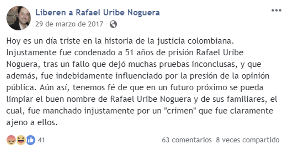  - ‘Liberen a Rafael Uribe Noguera’, la página de apoyo que Facebook aún no desactiva