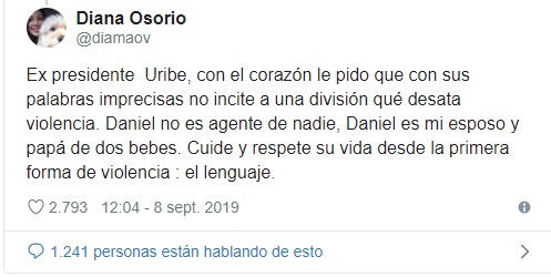  - "Expresidente Uribe, Daniel es mi esposo y papá de dos bebés, respete su vida"