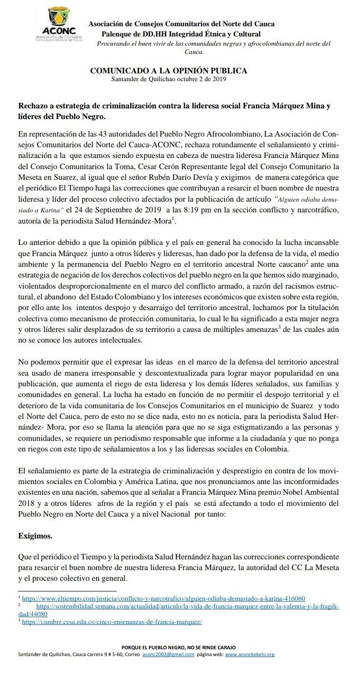  - No se puede criminalizar a Francia Márquez para lograr mayor popularidad: ACONC