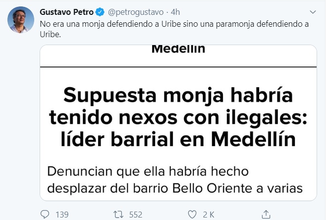  - "No era monja, era una paramonja defendiendo a Uribe": Petro