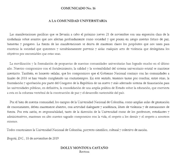  - Rectores de las universidades de Bogotá anuncian que no habrá clase este 21 de noviembre