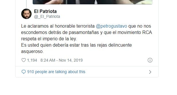  - “Debería estar tras las rejas delincuente asqueroso” el insulto de El Patriota a Petro