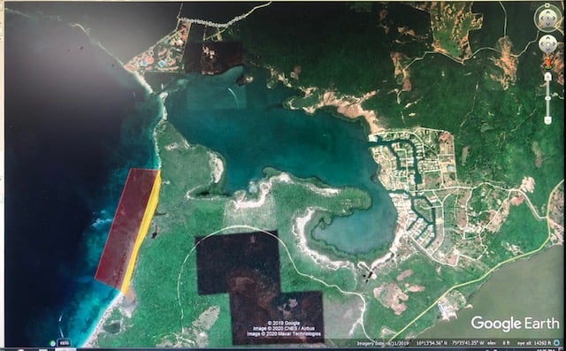 Fig 1. Zonas de cierre y anidación establecidas en Res. 0774 de 2018 (Fuente: adaptado de Google Earth) - El necesario cierre de Playa Blanca en Cartagena