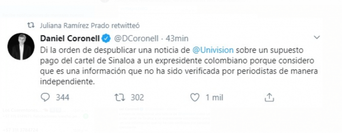  - Daniel Coronell, director de noticias de Univisión, ordenó bajar la nota contra Álvaro Uribe