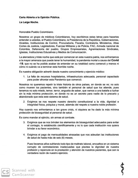  - Carta abierta de los médicos al pueblo colombiano
