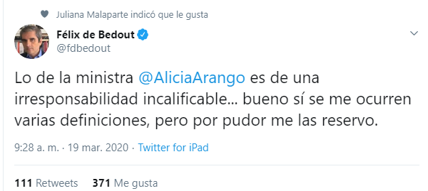  - “Qué desgracia que en una pandemia la ministra del interior sea Alicia Arango”