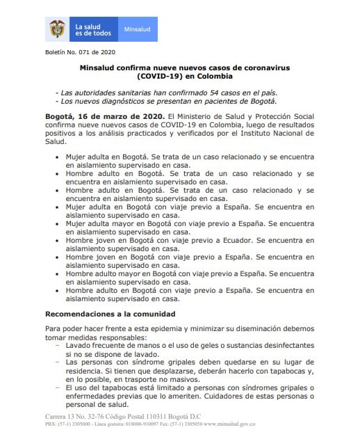  - Nueve nuevos casos de coronavirus: se completan 54 en Colombia