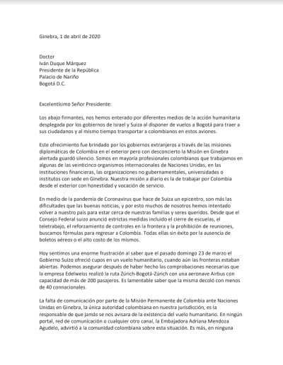 Carta abierta de colombianos en Suiza al Presidente Iván Duque