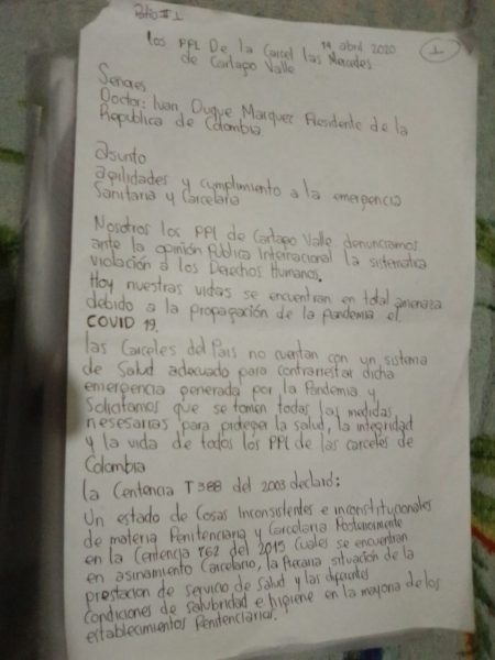  - Carta abierta al Presidente Duque desde la cárcel de Cartago