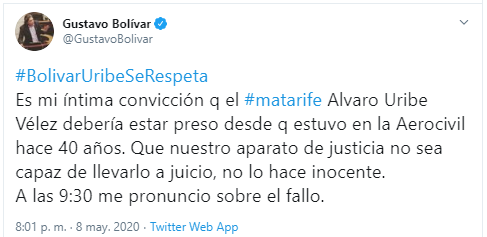  - "Bolívar va a tener que retractarse de toda su basura mental contra Uribe"
