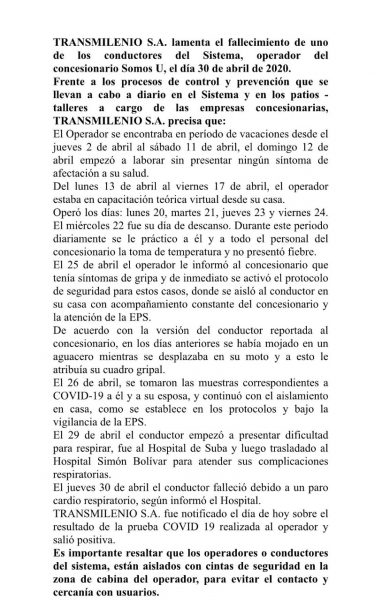  - Después de su muerte le llegó la prueba de COVID 19: la historia del conductor de Transmilenio