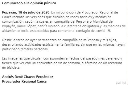  - El Procurador del Cauca dice que no estuvo de piscina en cuarentena