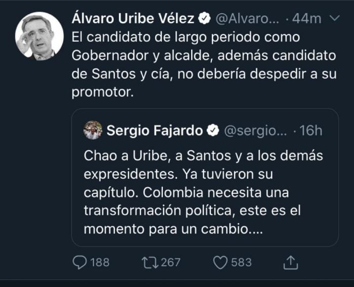  - Uribe le recuerda a Fajardo que él fue su promotor