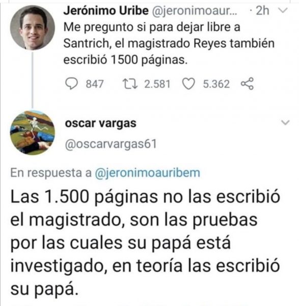  - Matoneo a Jerónimo Uribe en twiter por intentar defender a su papá