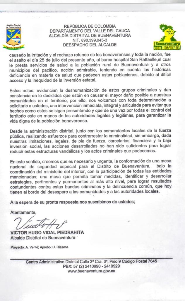 - Desesperada carta del Alcalde de Buenaventura por inseguridad en el puerto