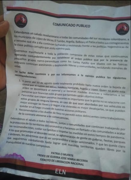  - La amenaza del ELN a cuatro municipios del Cauca
