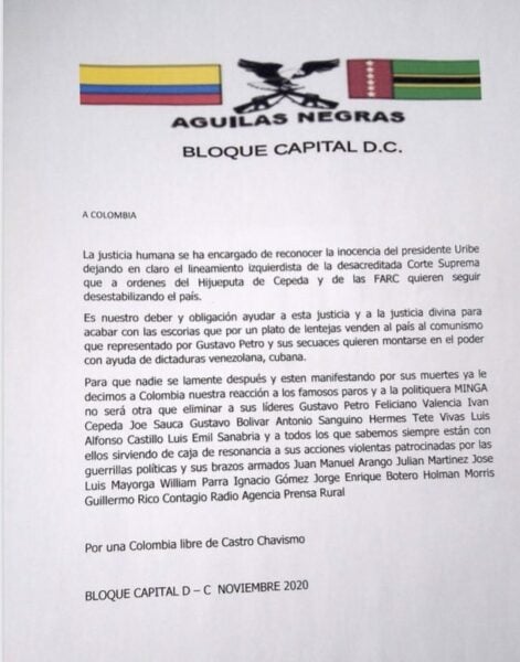  - Águilas Negras abogan por inocencia de Álvaro Uribe