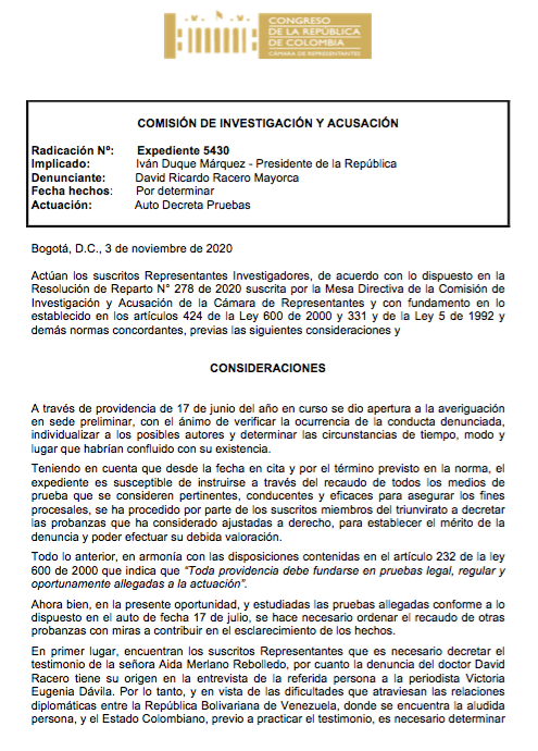  - Una comisión de bolsillo investigará al presidente Duque