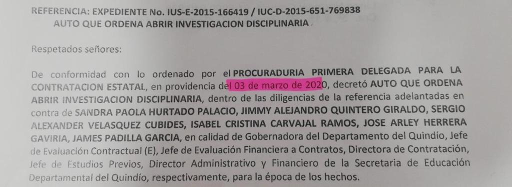  - Contralora de Armenia, investigada por la Procuraduría