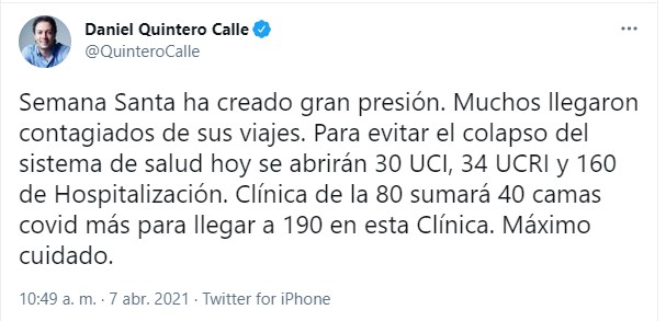  - El colmo: alcalde de Medellín le echa la culpa a la gente por colapso de UCI