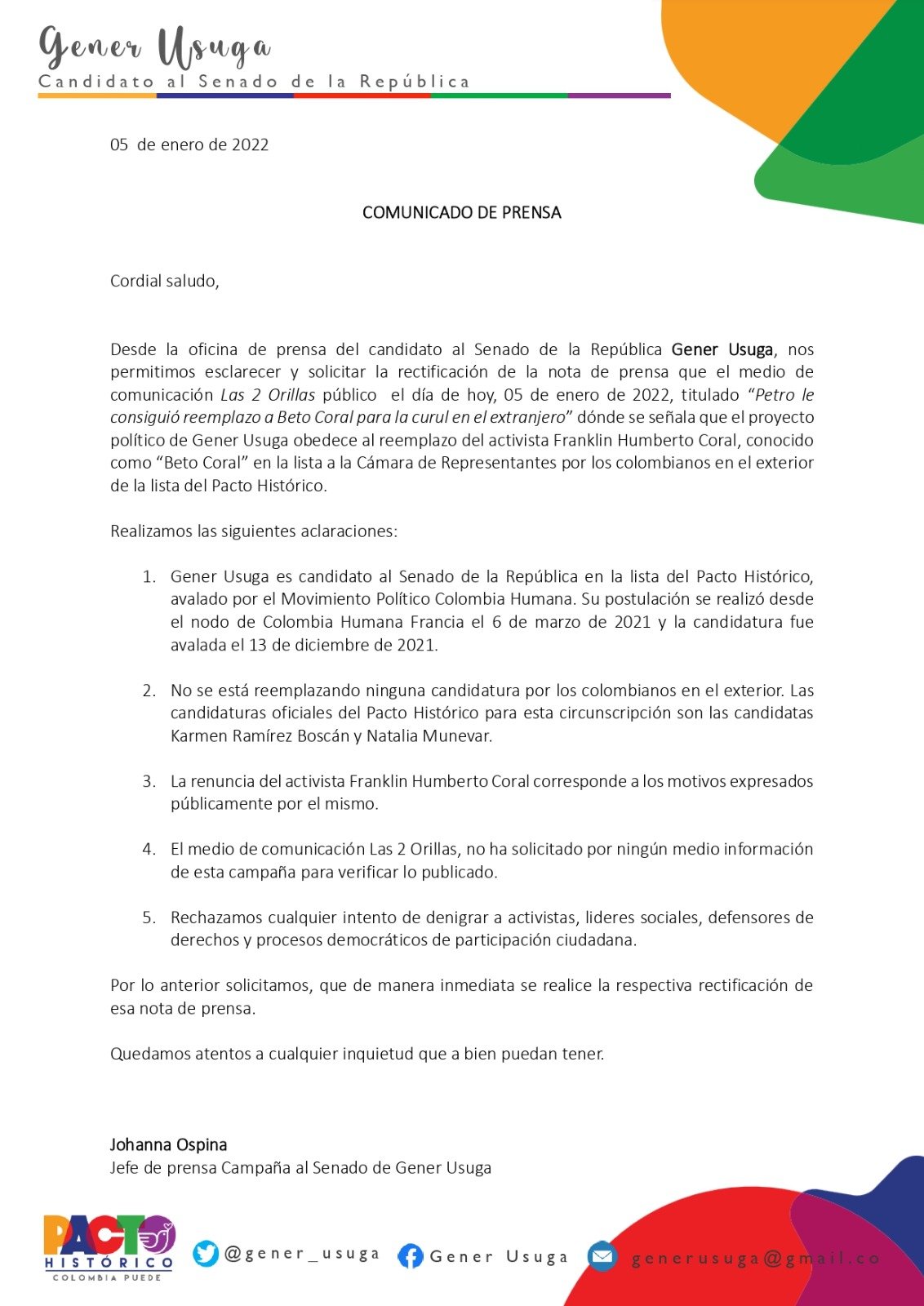  - Gener Usuga, candidato al Senado por el Pacto Histórico y no busca la curul en el exterior