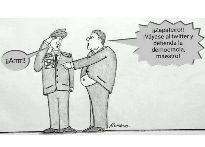 Caricatura: ¡Defiendo la democracia, maestro!