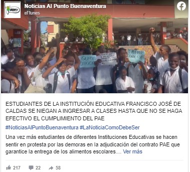  - Estudiantes de Buenaventura denuncian estar «sin PAE y con goteras en los colegios»