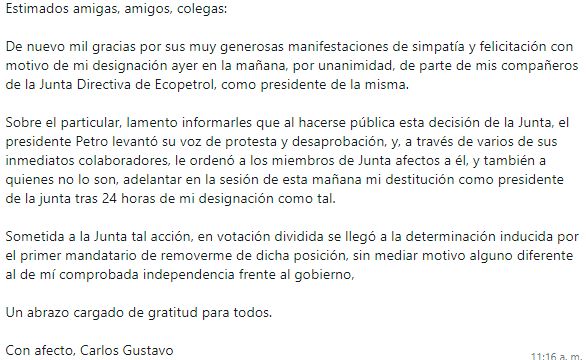  - Carlos Gustavo Cano revela cómo Petro lo sacó de la presidencia de la junta de Ecopetrol en 24 horas