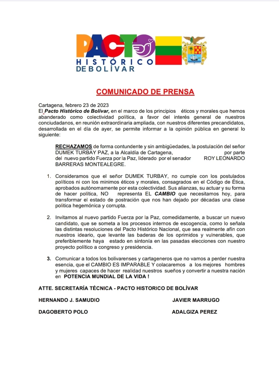  - Cuatro líderes del Pacto listos a descabezar al candidato de Roy Barreras a la alcaldía de Cartagena