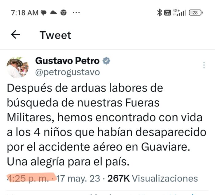  - Petro borró el trino en el que anunció el rescate con vida de los niños indígenas