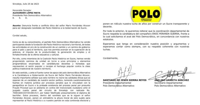 Comunicado Polo Democrático sobre candidatura de Mario Fernández - La Fiscalía está detrás de Mario Fernández mientras busca aval del Pacto para la gobernación de Sucre