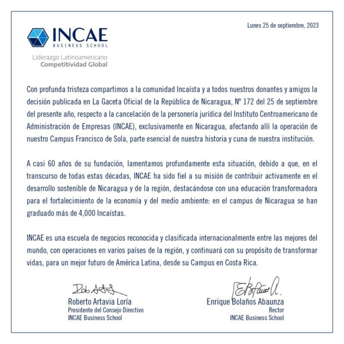  - Ortega cierra y confisca la escuela de negocios INCAE