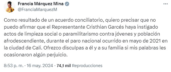 Francia Márquez - Francia Márquez tuvo que tragarse sus palabras tras acusar a congresista de promover una limpieza social