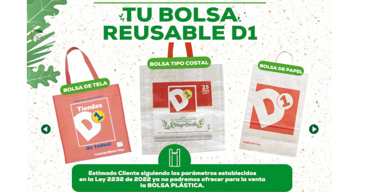 Bolsas amigables con el medio ambiente - Estas son las bolsas amigables con el medio ambiente de D1 para no llevar el mercado en cajas de cartón